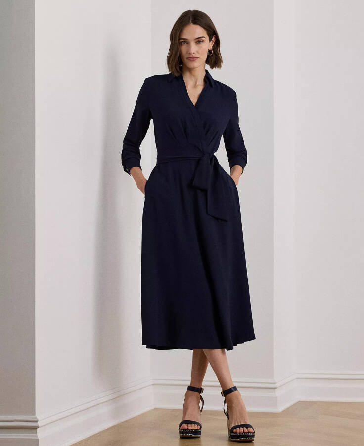 Women's Self-Belt Long-Sleeve Surplice Georgette Midi Dress Lighthouse Navy - 6