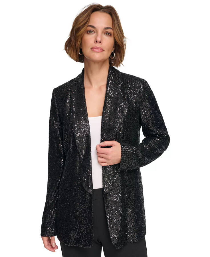 Women's Sequin Open-Front Shawl-Collar Blazer Black - 3