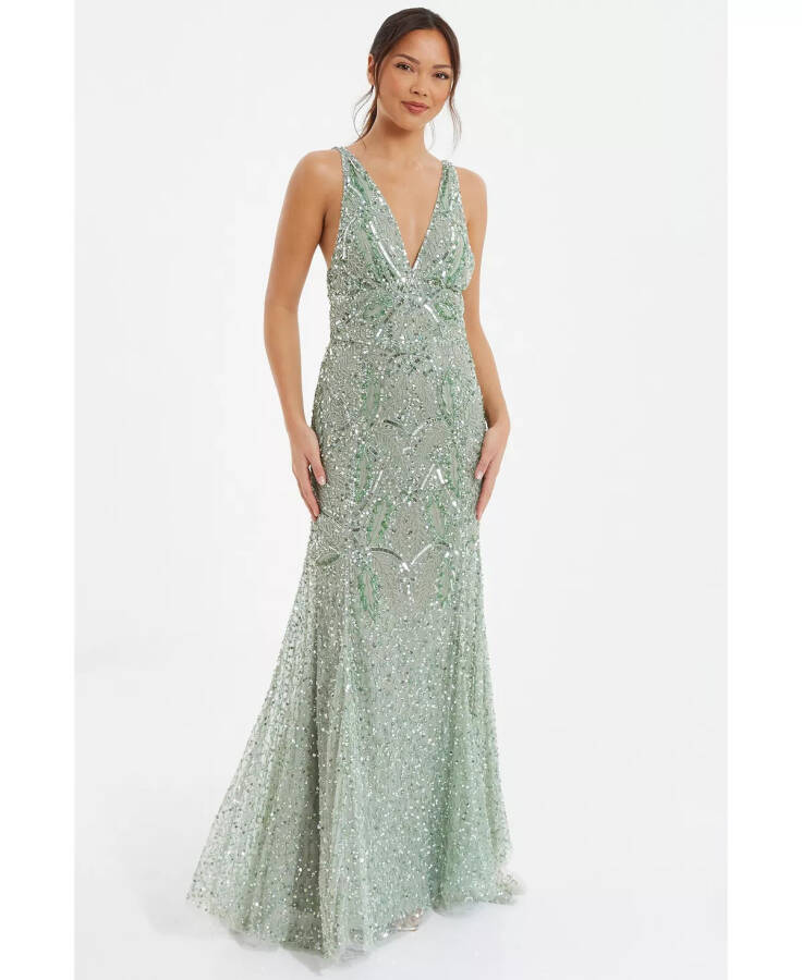 Women's Sequin V-Neck Strappy Evening Dress Green - 4