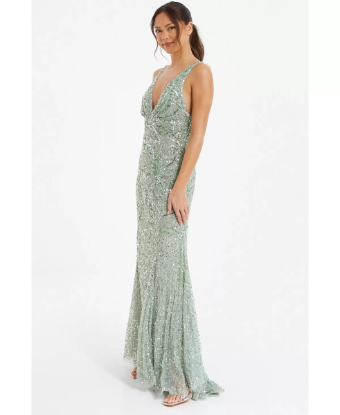 Women's Sequin V-Neck Strappy Evening Dress Green - 6