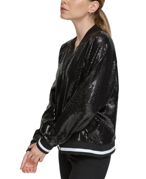 Women's Sequin Zip-Front Bomber Jacket Black - 3