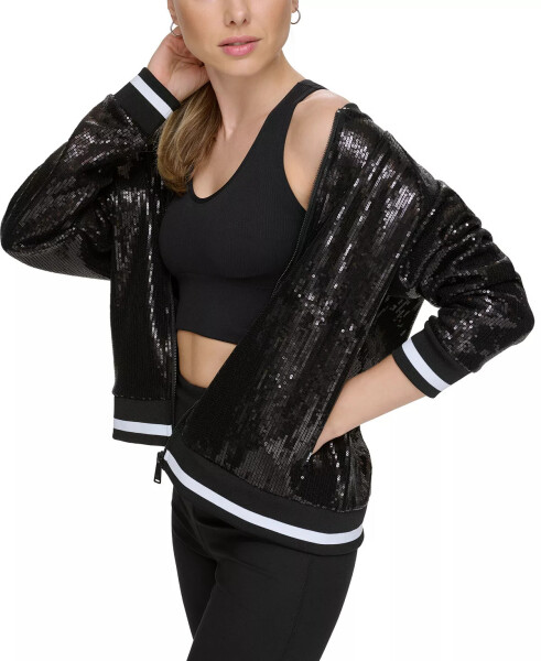 Women's Sequin Zip-Front Bomber Jacket Black - 4