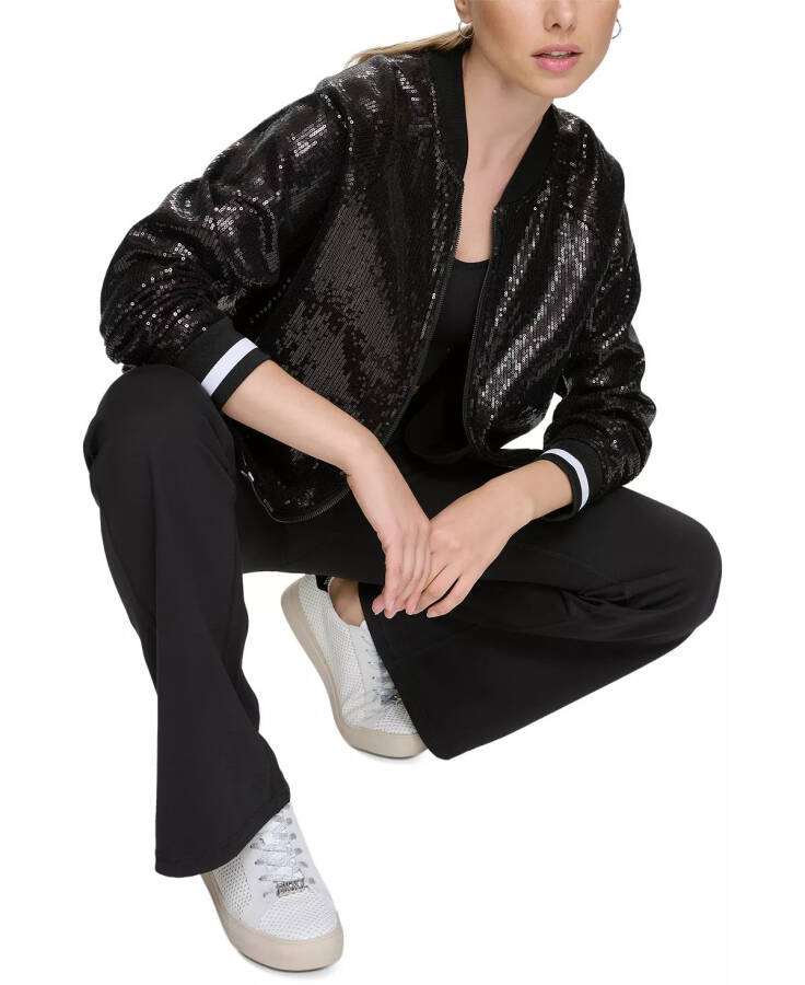 Women's Sequin Zip-Front Bomber Jacket Black - 6