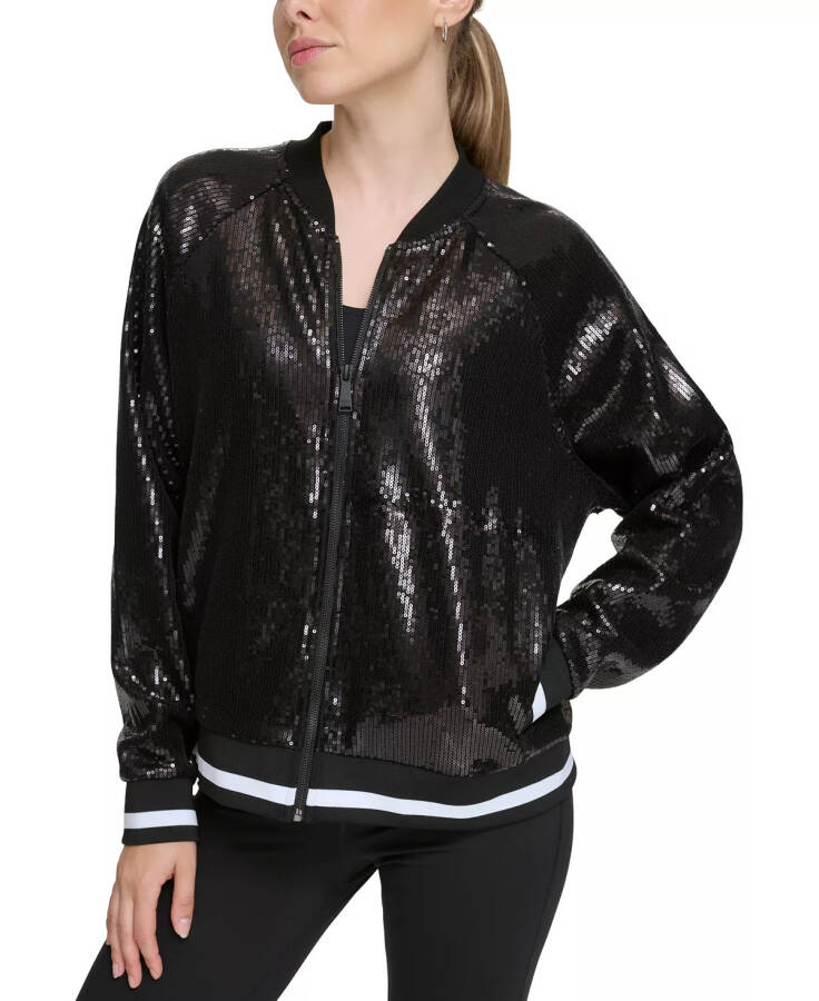 Women's Sequin Zip-Front Bomber Jacket Black - 7