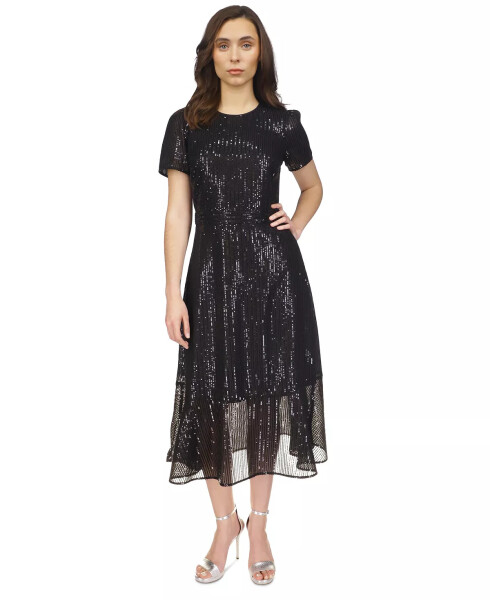 Women's Sequined Stripe Flounce Dress Black - 1