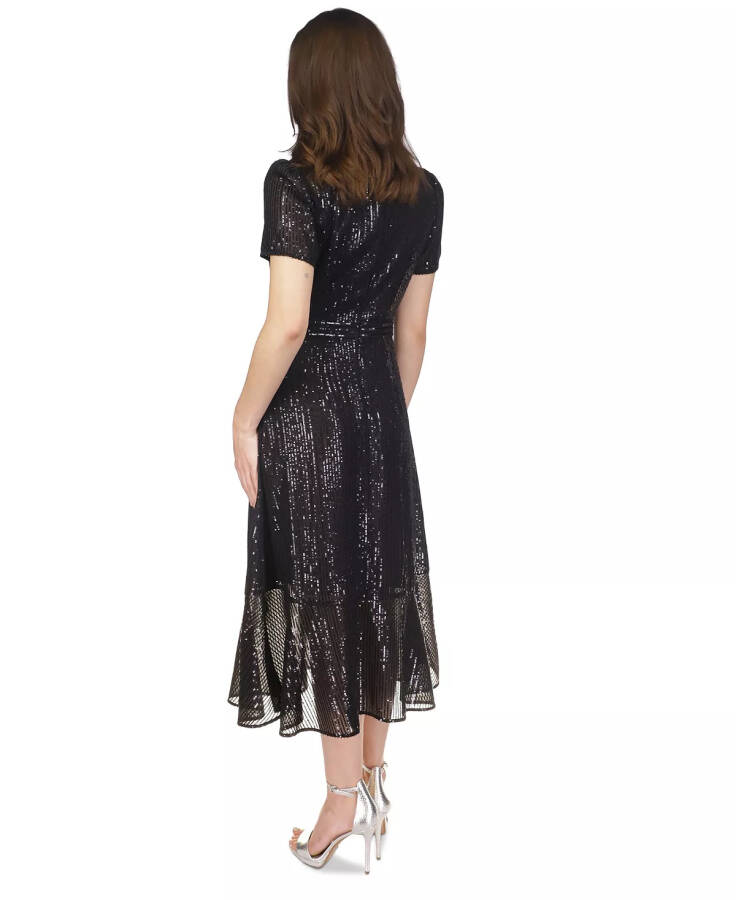 Women's Sequined Stripe Flounce Dress Black - 3