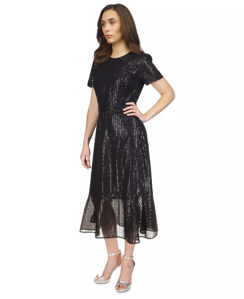 Women's Sequined Stripe Flounce Dress Black - 4