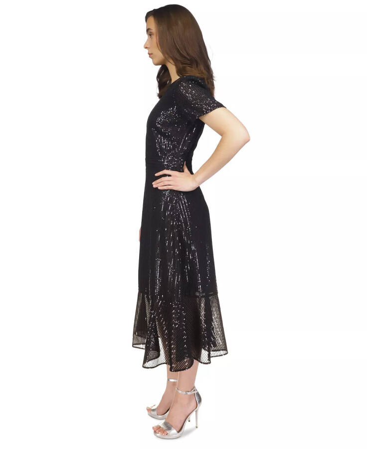 Women's Sequined Stripe Flounce Dress Black - 5