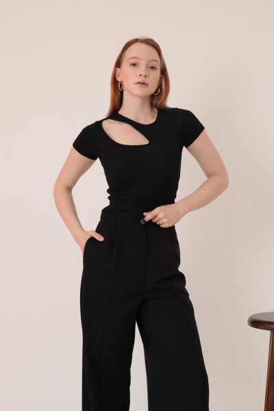 Women's Short Sleeve Blouse with Drop-Front Detail in Rib Knit Fabric - Black - 1