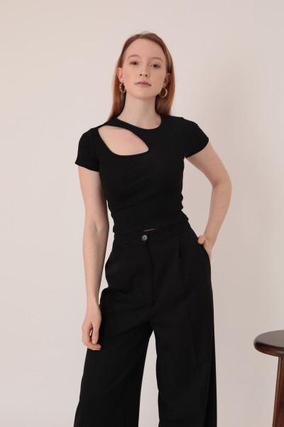 Women's Short Sleeve Blouse with Drop-Front Detail in Rib Knit Fabric - Black - 2