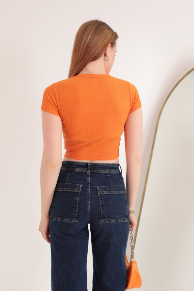 Women's Short Sleeve Blouse with Windowed Front - Orange - Jersey Fabric - 4