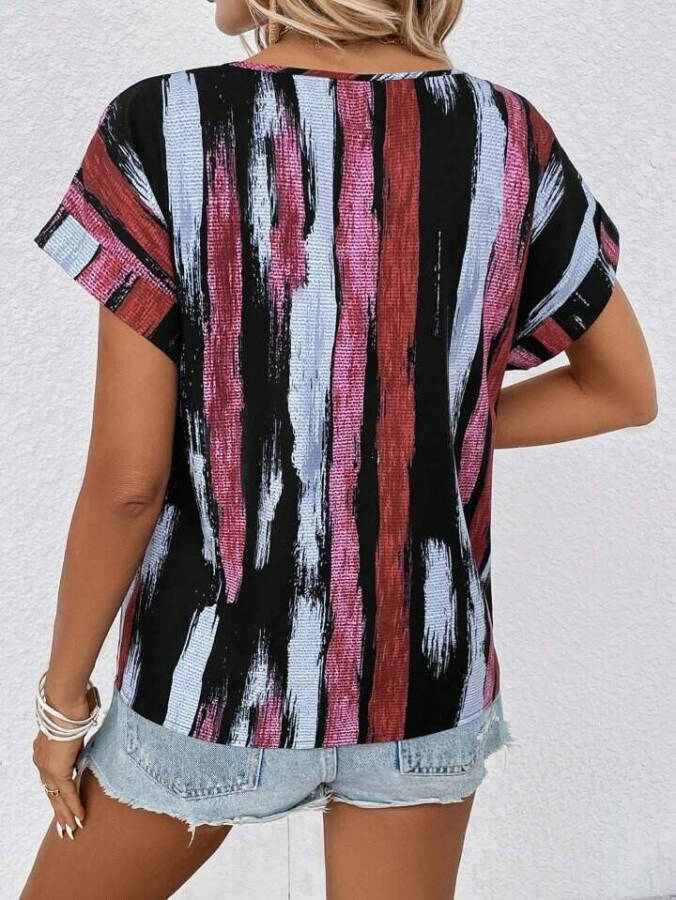 Women's Short Sleeve Brush Print V-Neck Supreme Blouse - 3