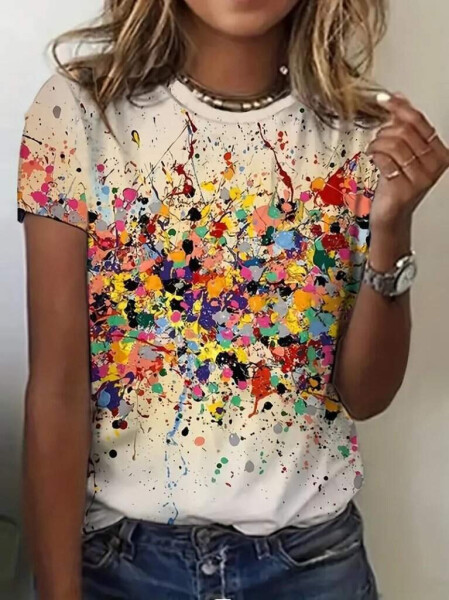 Women's Short Sleeve Crew Neck Paint Printed Suprem Blouse - 1