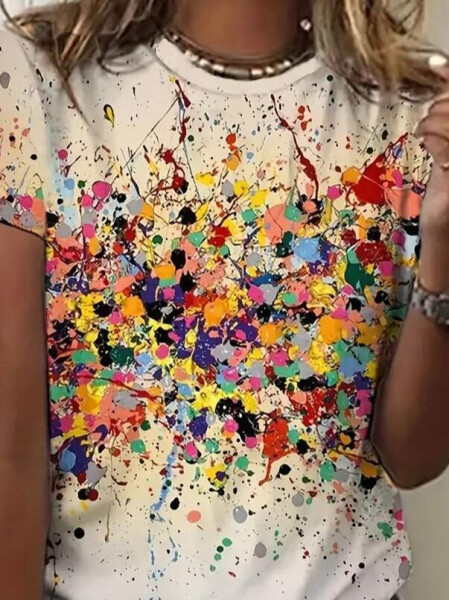 Women's Short Sleeve Crew Neck Paint Printed Suprem Blouse - 2