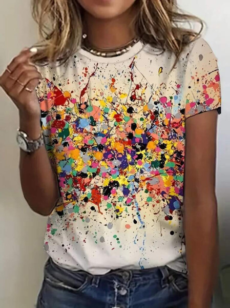 Women's Short Sleeve Crew Neck Paint Printed Suprem Blouse - 3