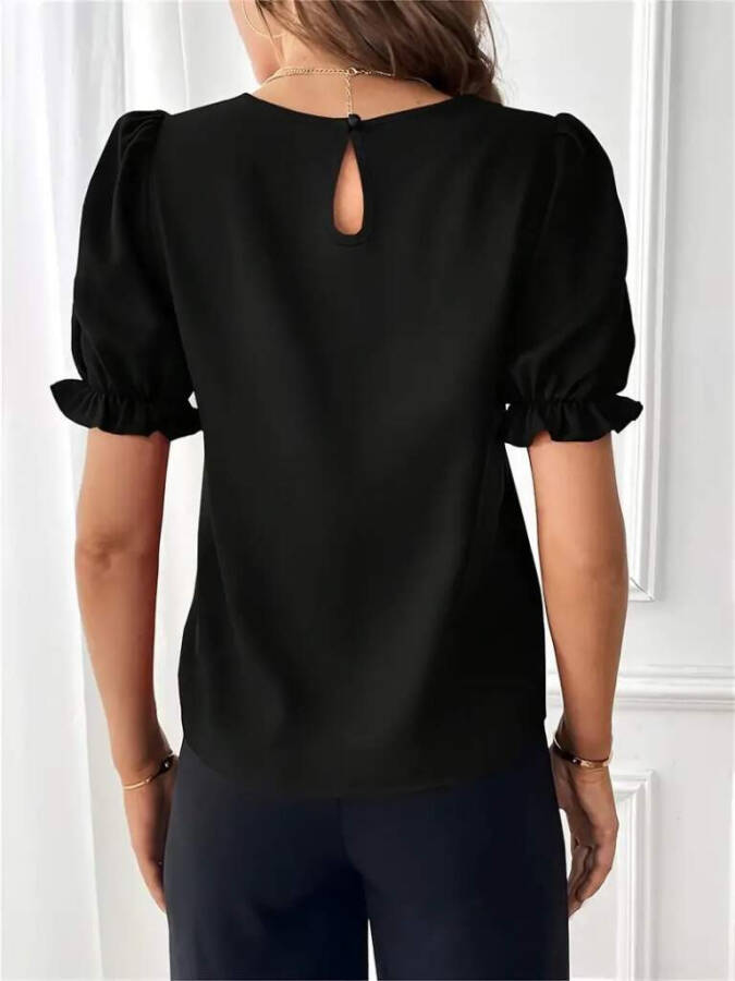 Women's Short Sleeve Crew Neck Ruffled Imported Crepe Blouse - 2