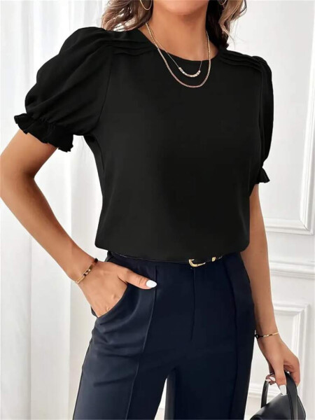 Women's Short Sleeve Crew Neck Ruffled Imported Crepe Blouse - 4