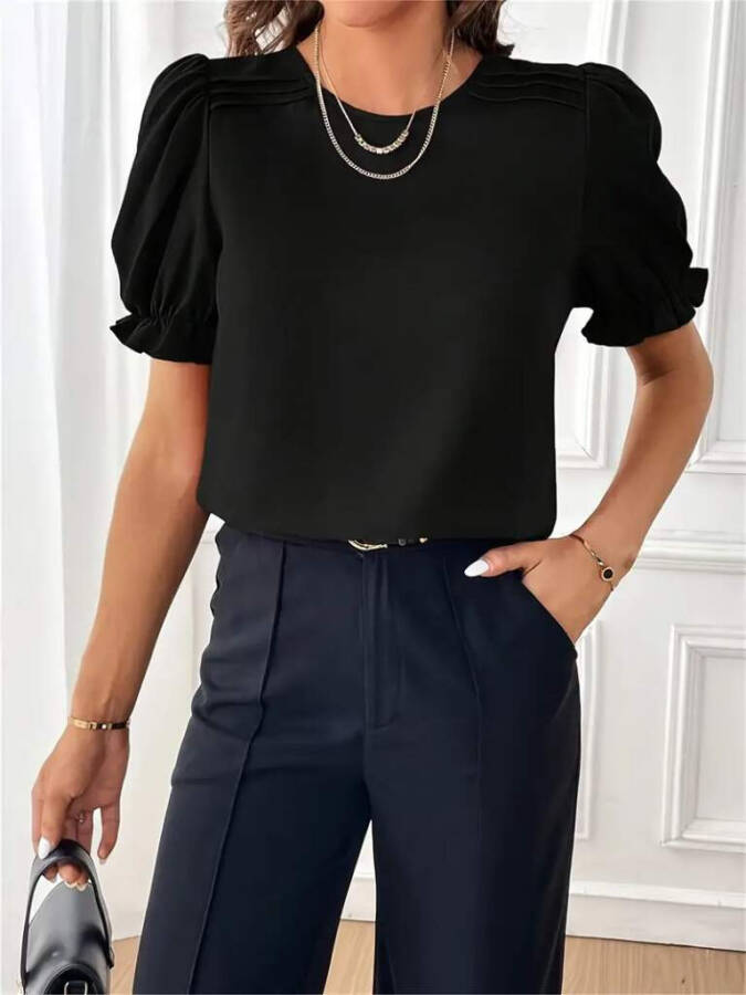 Women's Short Sleeve Crew Neck Ruffled Imported Crepe Blouse - 5