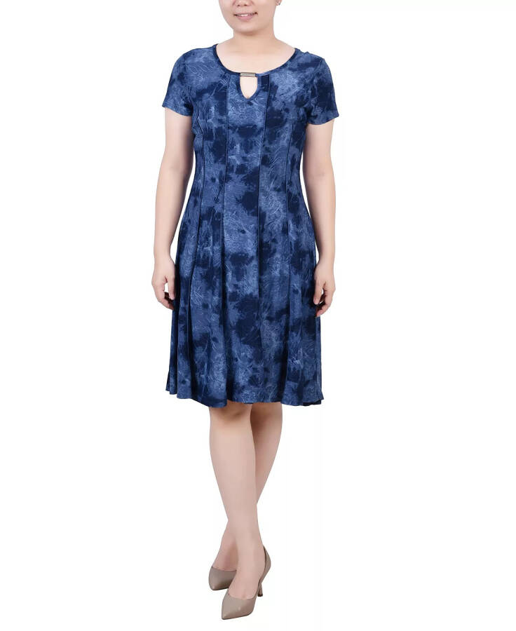 Women's Short Sleeve Jacquard Knit Seamed Dress Denim Tie Dye - 4