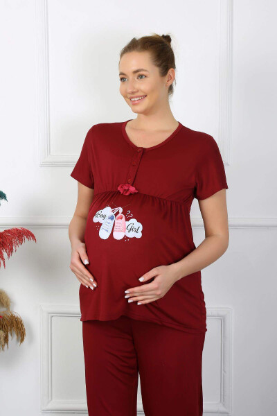 Women's Short Sleeve Maternity Postpartum Pajama Set Burgundy 45210 - 1