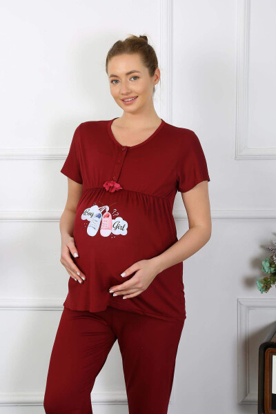 Women's Short Sleeve Maternity Postpartum Pajama Set Burgundy 45210 - 2