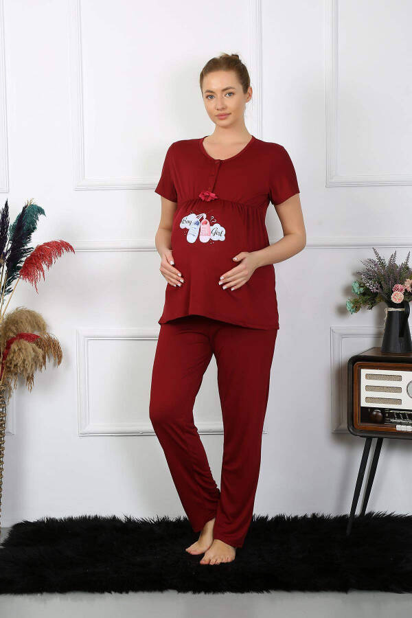 Women's Short Sleeve Maternity Postpartum Pajama Set Burgundy 45210 - 3