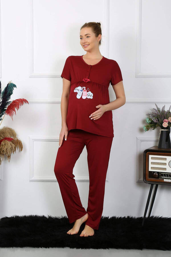 Women's Short Sleeve Maternity Postpartum Pajama Set Burgundy 45210 - 4