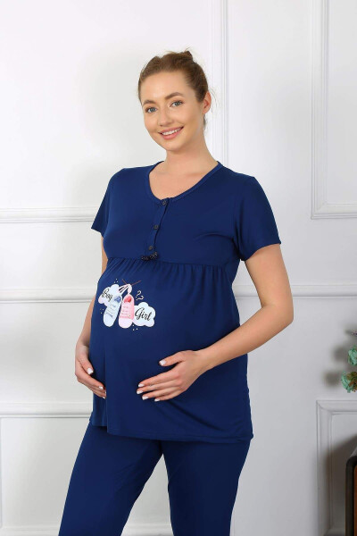 Women's Short Sleeve Maternity Postpartum Pajama Set Navy 45210 - 2