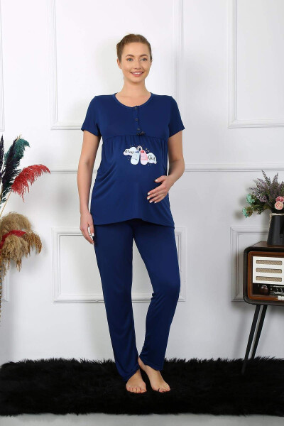 Women's Short Sleeve Maternity Postpartum Pajama Set Navy 45210 - 3