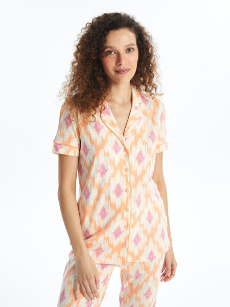 Women's Short Sleeve Pajama Set with Shirt Collar Pattern - 2