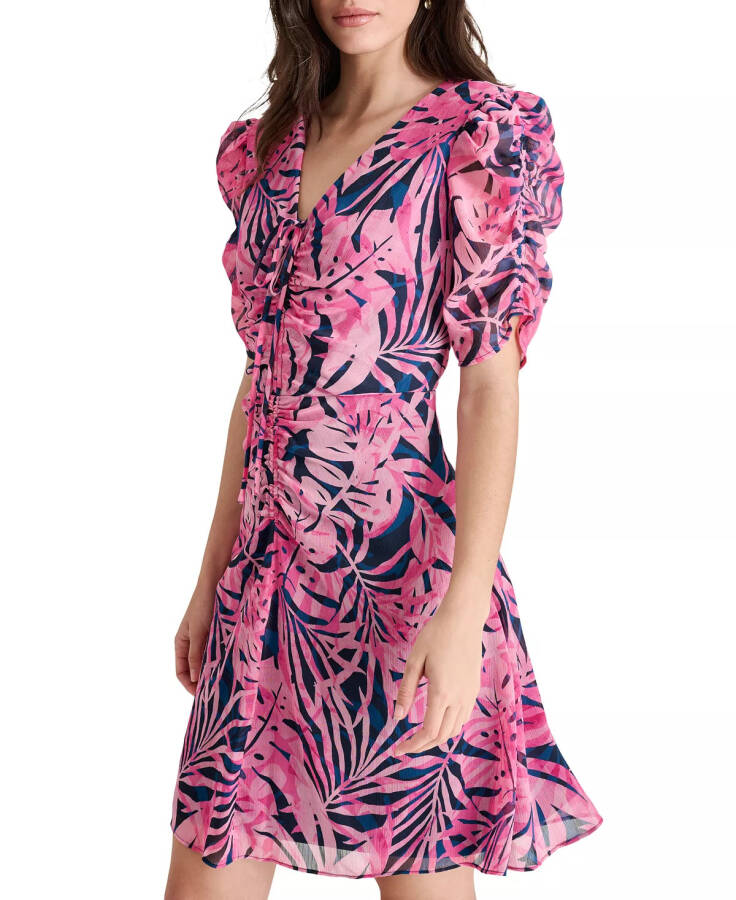 Women's Short-Sleeve Ruched V-Neck Chiffon Dress Navy/Pink - 3