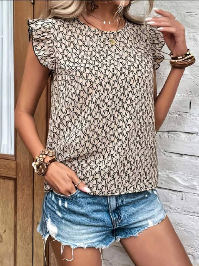 Women's Short Sleeve Ruffle Sleeve Round Neck Supreme Blouse - 2