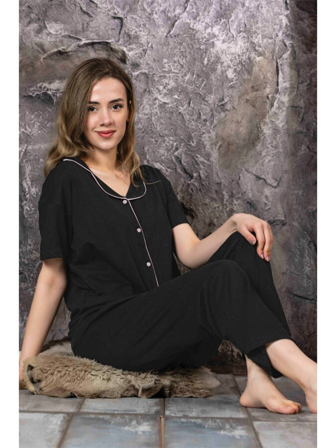 Women's Short Sleeve Shirt Collar Pajama Set - 1