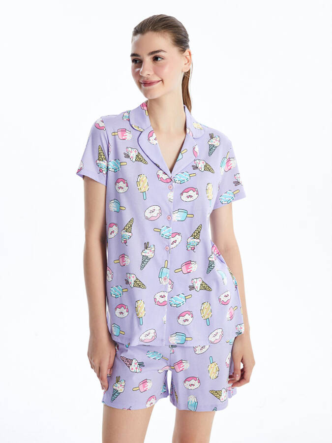 Women's Short Sleeve Shirt Collar Printed Short Pajama Set - 1