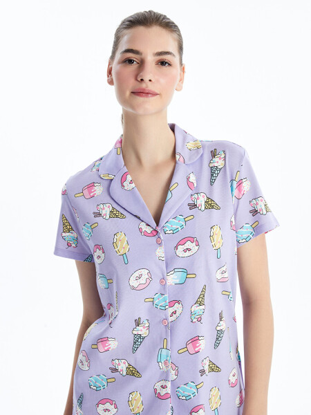 Women's Short Sleeve Shirt Collar Printed Short Pajama Set - 2