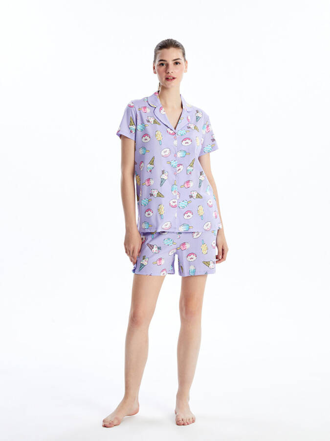 Women's Short Sleeve Shirt Collar Printed Short Pajama Set - 3