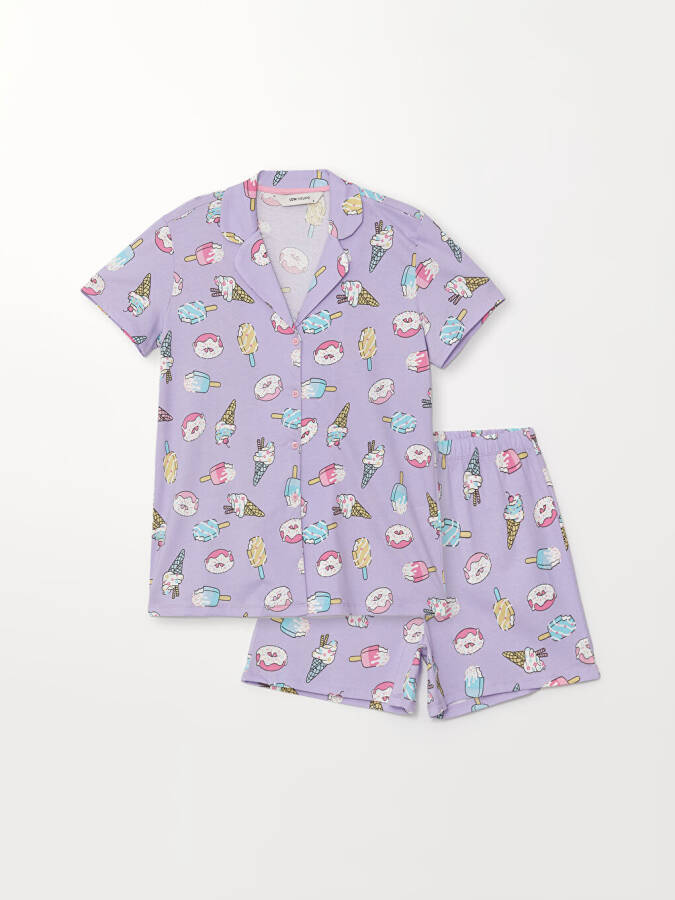 Women's Short Sleeve Shirt Collar Printed Short Pajama Set - 6