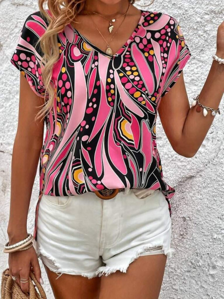 Women's short-sleeved blouse with pink pattern, V-neck, batwing sleeves, short front and long back. - 1