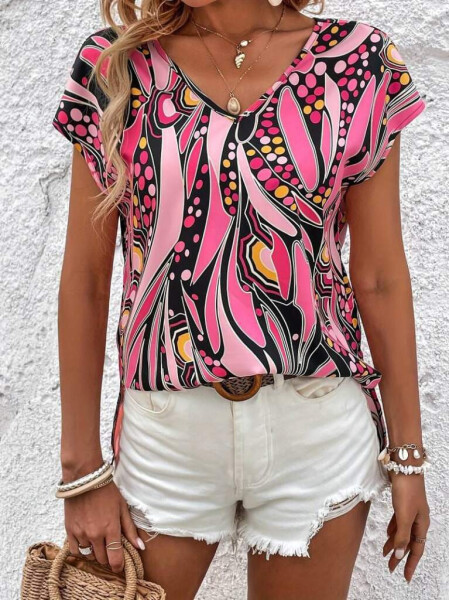 Women's short-sleeved blouse with pink pattern, V-neck, batwing sleeves, short front and long back. - 5