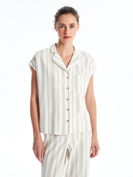 Women's Short-Sleeved Linen Blend Pajama Set with Shirt Collar Pattern - 2