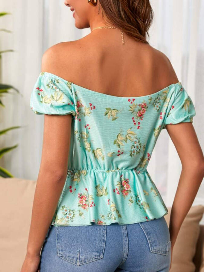 Women's short-sleeved Madonna collar blouse with floral pattern, button detail, frill and premium fabric. - 4