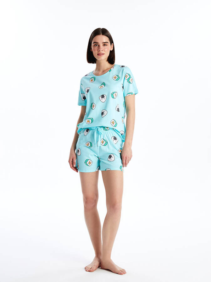 Women's Short-Sleeved Printed Bike Neck Pajama Set with Shorts - 1