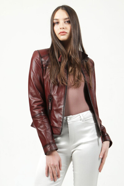 Women's Siena Slim Fit Genuine Leather Jacket Oak. Burgundy - 3