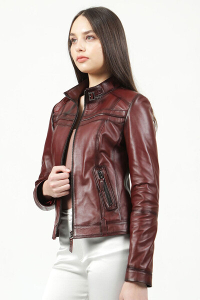 Women's Siena Slim Fit Genuine Leather Jacket Oak. Burgundy - 4