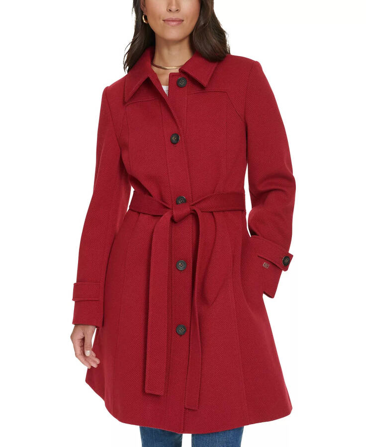 Women's Single-Breasted Belted Coat, Designed for Modazone Red - 1