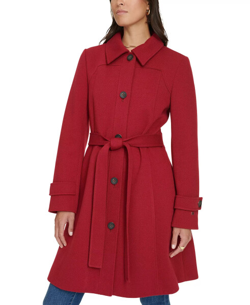 Women's Single-Breasted Belted Coat, Designed for Modazone Red - 4