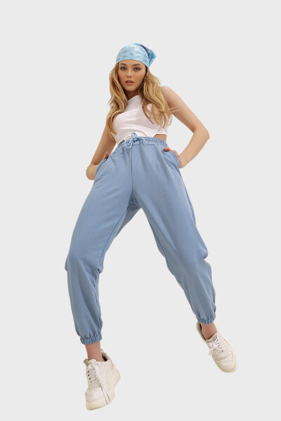 Women's Sky Blue Elastic Cuffed Double Knit Jogger Pants ALC-Y2933 - 3