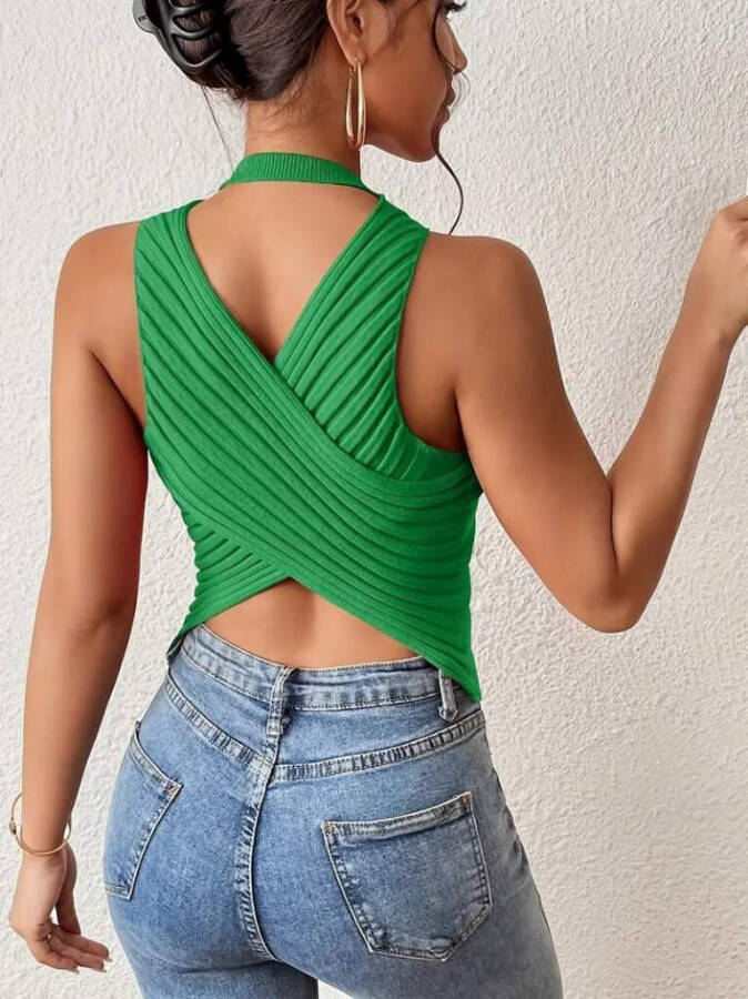 Women's sleeveless, back cross detail knitted top - 3