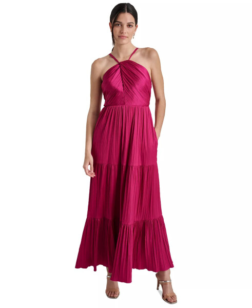 Women's Sleeveless Tiered Pleated Halter-Neck Dress Raspberry Cocktail - 1