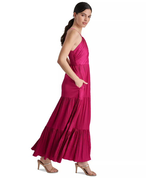 Women's Sleeveless Tiered Pleated Halter-Neck Dress Raspberry Cocktail - 3